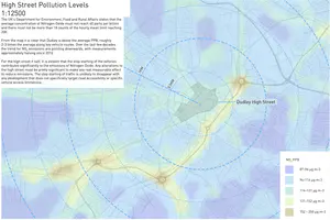 High Street Pollution Levels 

The UK’s Department for Environment, Food and Rural Affairs states that the average concentration of Nitrogen Oxide must not reach 40 parts per billion and there must not be more than 18 counts of the hourly mean limit reaching 200.

From the map it is clear that Dudley is above the average PPB, roughly 2-3 times the average along key vehicle routes. Over the last few decades the trend for NO2 emissions are pointing downwards, with measurements approximately halving since 2010.

For the high street it self, it is evident that the stop starting of the vehicles contributes significantly to the emissions of Nitrogen Oxide. Any alterations to the high street must be pretty significant to make any real measurable effect to reduce emissions. The stop starting of traffic is unlikely to disappear with any development that does not specifically target road accessibility or specific vehicle access limitations. - Matthew Hewitt Pollution Levels.png